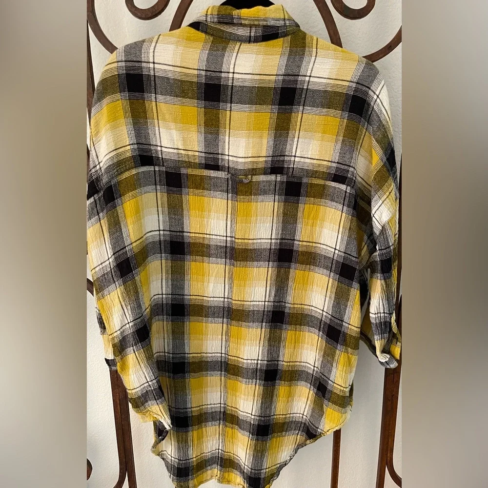 🔥 Maeve Plaid Embroidered Button Down Shirt XS/S – Yellow Black Hi-Low Tunic Top - Picture 9 of 12